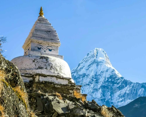 Stupa On The Way To Pangboche Gompa, Ama Dablam In Distance Solukhumbu, Nepal